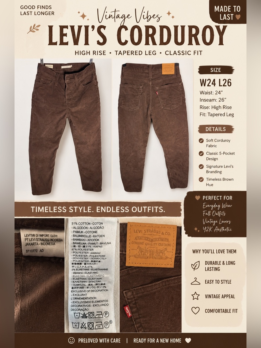 Levi’s Premium Wedgie Straight Corduroy Pants Brown Size 24 High Rise